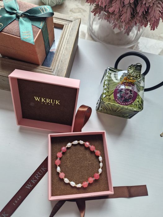 Nowa bransoletka Yes naturalne Kwarc truskawkowy srebro perly