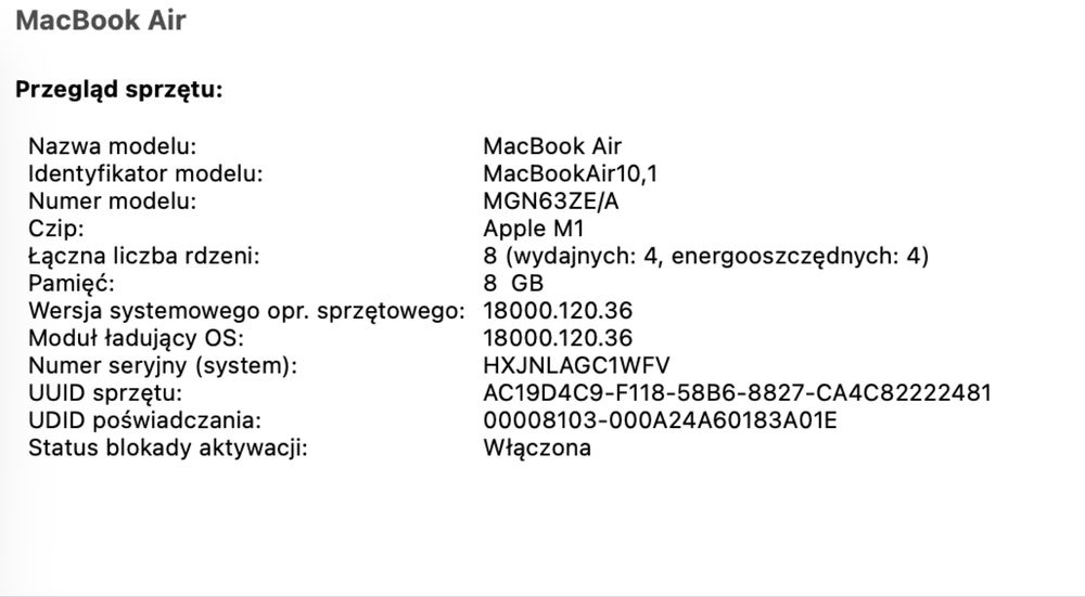 Mac book Air M1 + przejsciówka