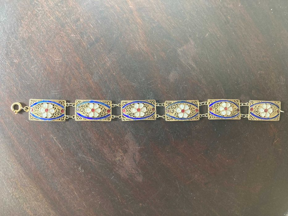 Bracelete Antiga em Filigrana de Prata Dourada e Esmalte - Século XIX