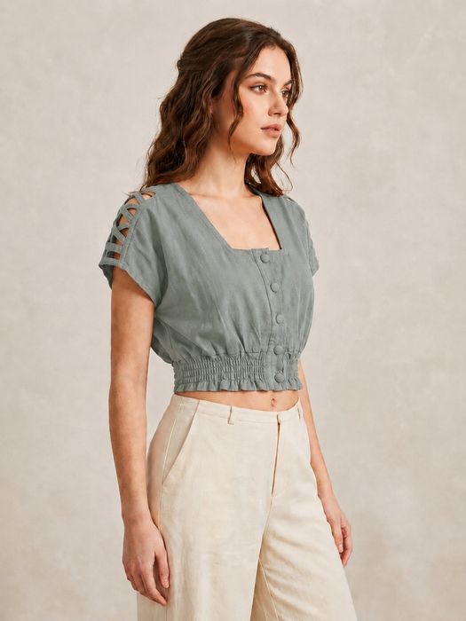 Szałwiowa krótka bluzka crop top z guzikami M/L/XL