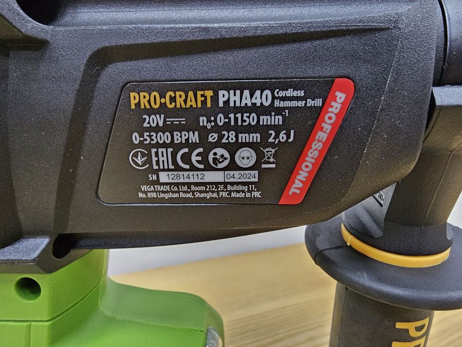 2,6Дж Акумуляторний Перфоратор ProCraft PHA40 Безщітковий Гарантія 36м