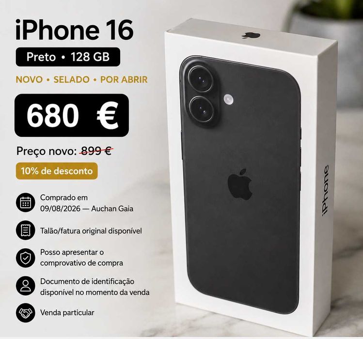 iPhone 16 128GB Preto NOVO + Caixa Selada | -20% | 680€