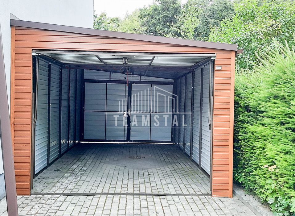 GARAŻ BLASZANY 3,5m x 6m - spad w prawo 2x Brama orzech  TS287