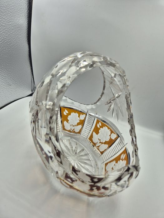 Koszyk kryształowy PRL Bohemia ręcznie szlifowany złocony