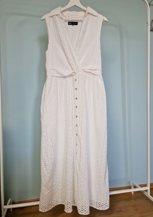 100% bawełna biała długa sukienka haftowana ażurowa midi Zara r. L