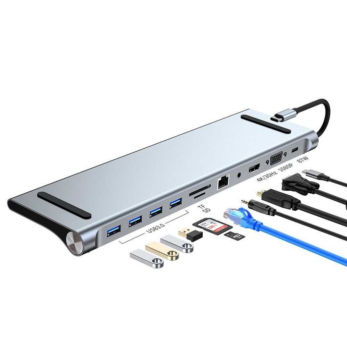 Rozgałęziacz HUB przejściówka USB-C 11w1 4xUSB HDMI SD VGA JACK LAN