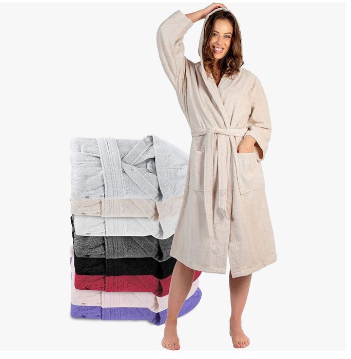 Damski szlafrok z kapturem i kieszeniami r. M, beżowy 100% bawełna