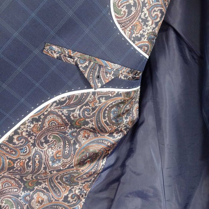 Garnitur w kratę granatowy ślub wesele elegancki wełna