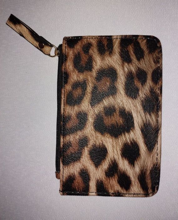 Carteira leopardo porta-cartões e bolsa fecho notas moedas