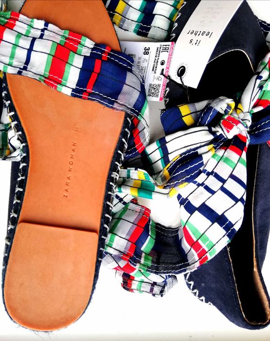 Nowe skórzane granatowe espadryle baleriny ZARA 38 wiązane zamsz