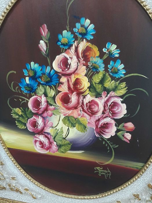 Quadro com pintura a óleo em moldura de madeira