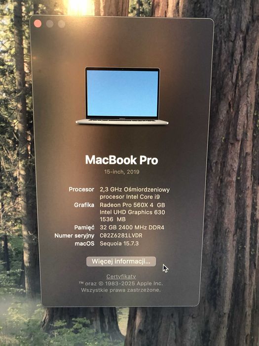 MacBook Pro 2019-15,1 ; i9; 32 GB; 500 GB PCIe; osiem rdzeni-OPIS !!!