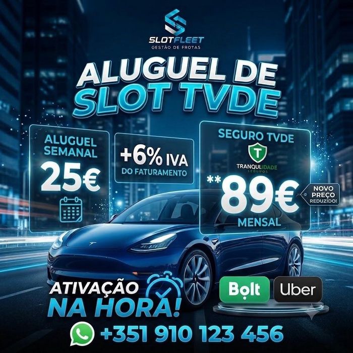 Seguro TVDE 89€  aluguel de Slot 25€ semana