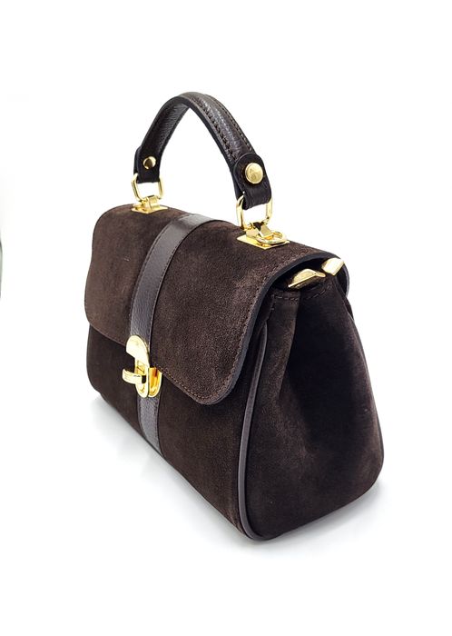 Torebka damska kuferek skóra naturalna zamsz czekoladowy brąz