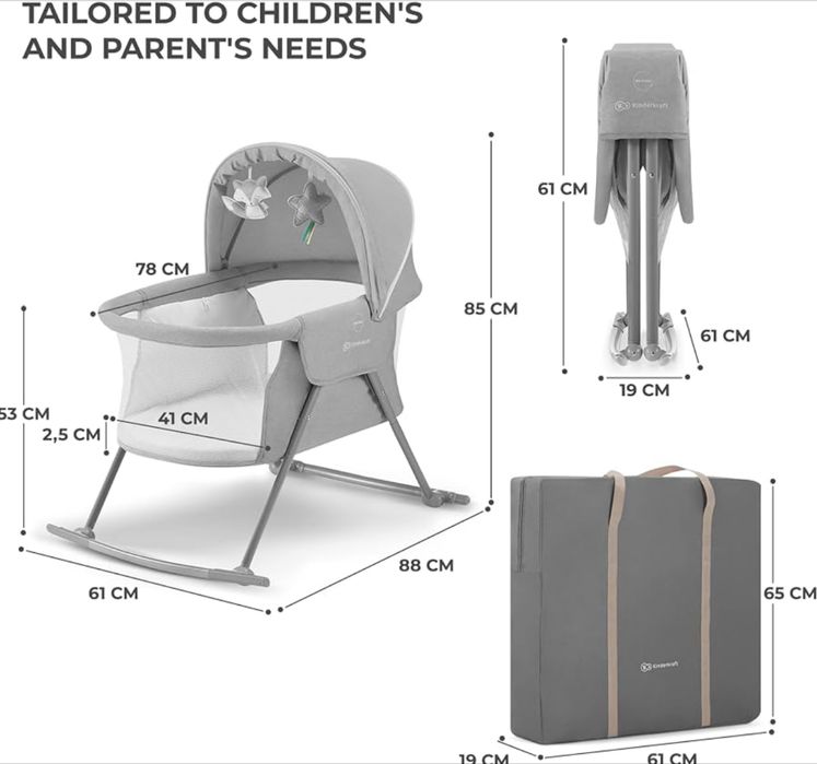 Kinderkraft Berço 3 em 1 LOVI, berço, berço de viagem, balanço