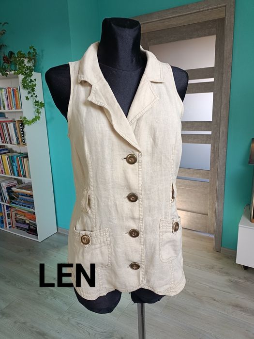 LEN Dunnes  buzka kamizelka Boho Hippie eko bezrękawnik safari retro top lniana eko natura