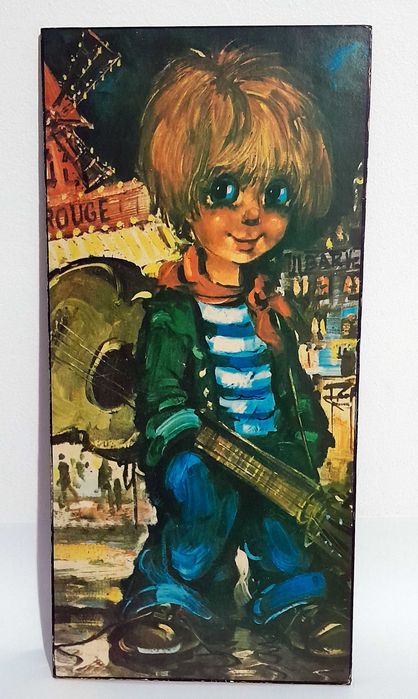 Quadro impressão dos anos 70 "Le Guitariste" em bloco de madeira