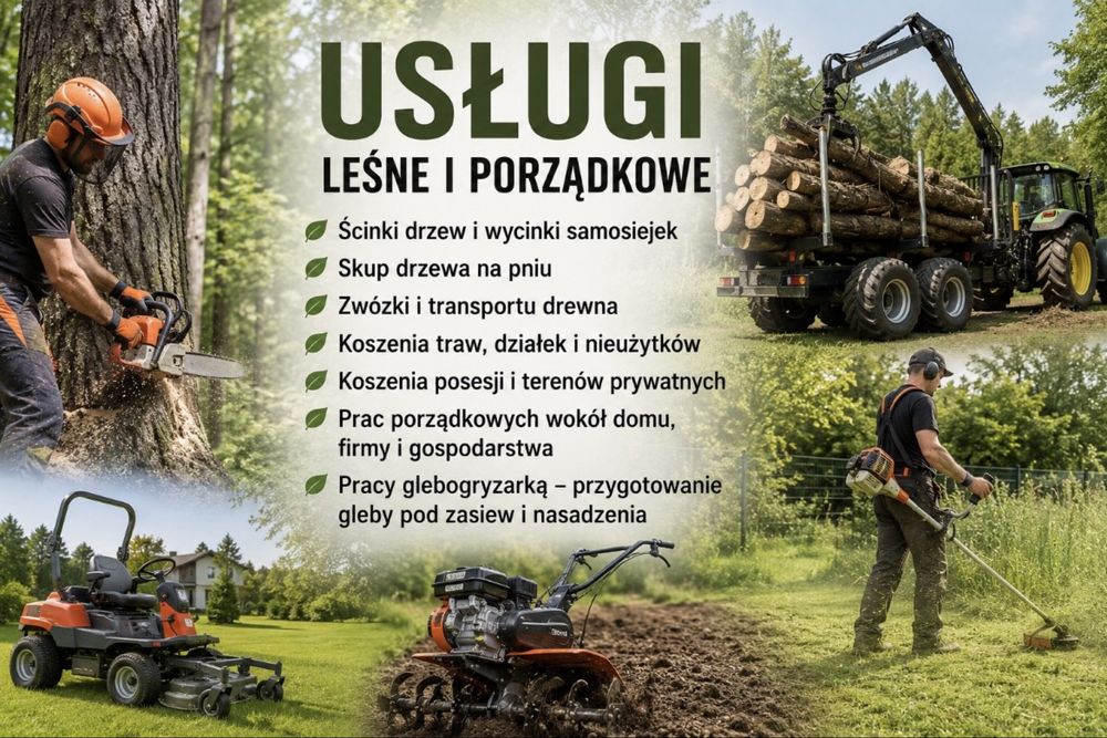 Ścinka drzew - zwózka drewna - koszenie traw i nieużytków