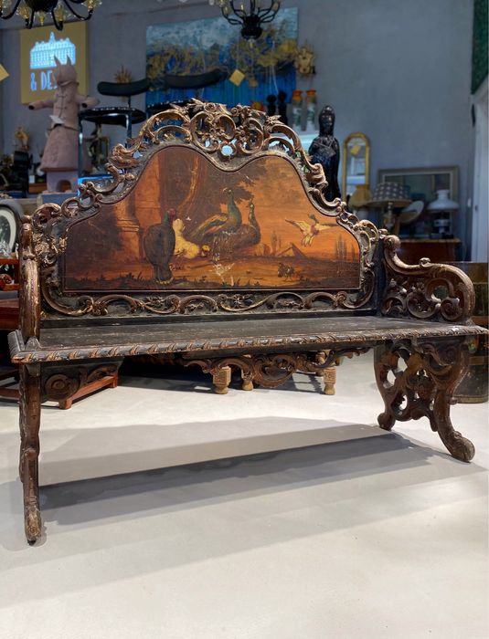 Antyczna oryginalna rzezboina lawka recznie malowana w stylu rokoko