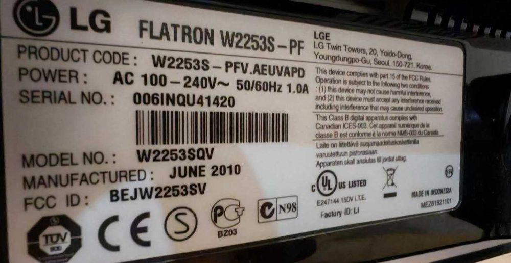 Монітор 21.5" LG FLATRON W2253S-PF