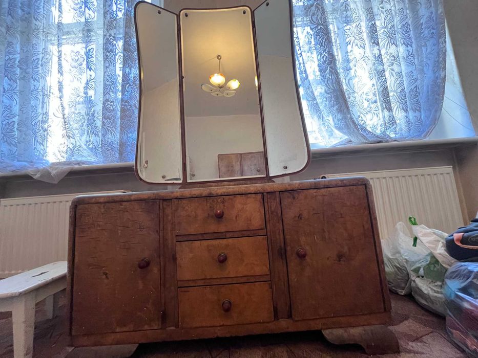 Antyczna toaletka Art Deco, orzech czeczot, z potrójnym lustrem