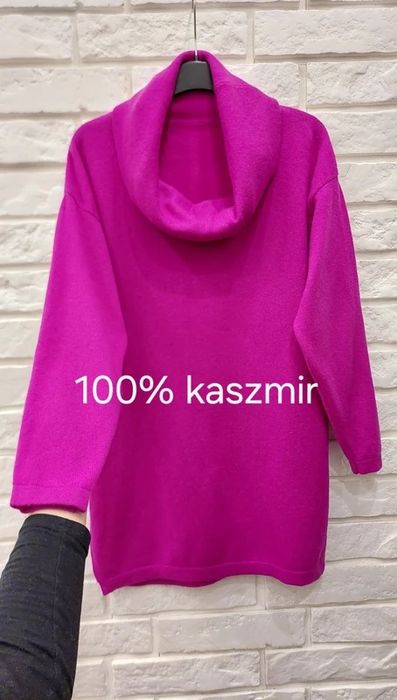Sweter golf 100% kaszmir fuksja soft gruby splot thick weave