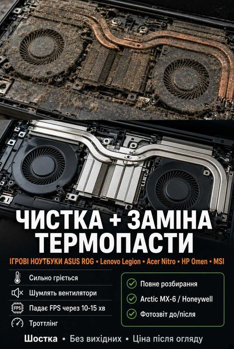 Чистка ігрових ноутбуків ASUS ROG TUF, Lenovo Legion, Acer,HP, Шостка | Заміна термопасти, рідкого металу, ремонт ноутбука, заміна матриці, екрана