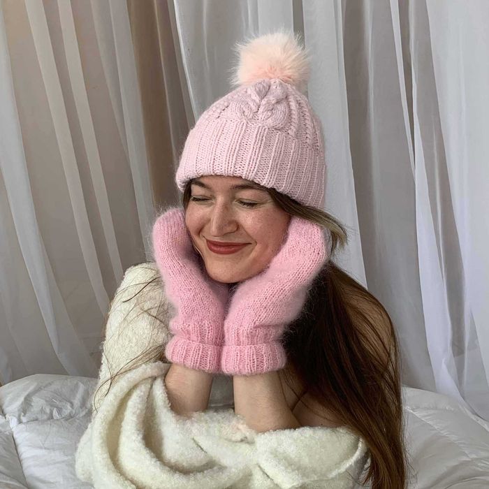 Вʼязані варежки «цукрова пудра», 49% вовна, ручна робота