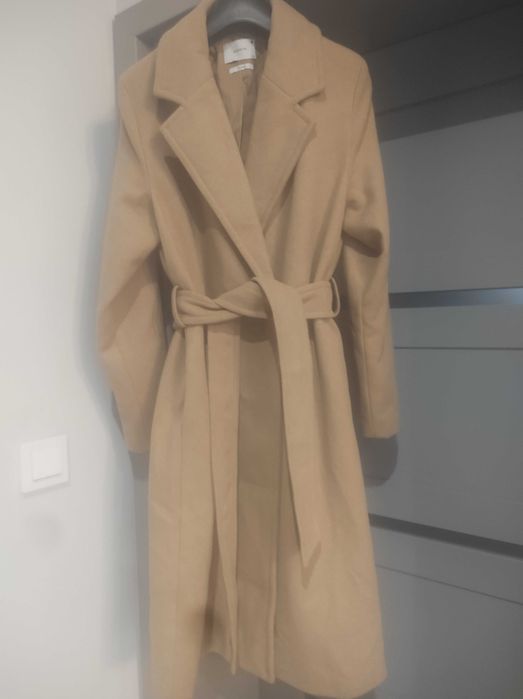 Maxi długi płaszcz damski wełna owcza oversize camel