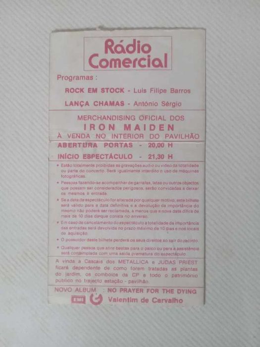 Bilhete de Iron Maiden - Tour No Prayer for The Dying ( Cascais )