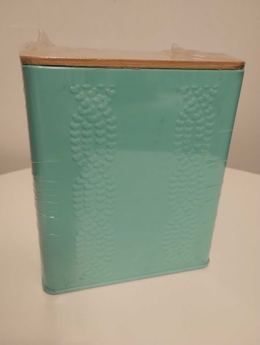 Puszka z bambusową pokrywką, turkusowa ze wzorem