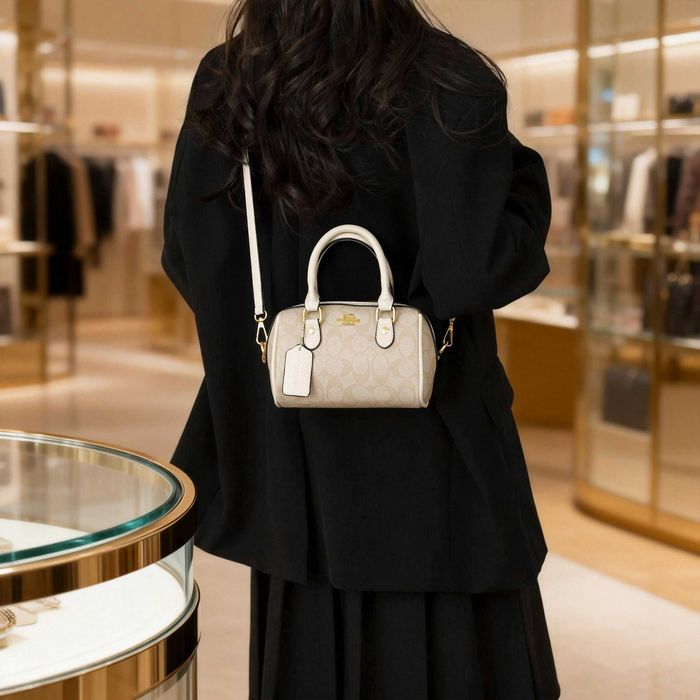 Жіноча сумка COACH Mini Rowan Crossbody In Signature / Сумка Коач крос боді з ремінцем бежева/ жіноча сумочка Коуч