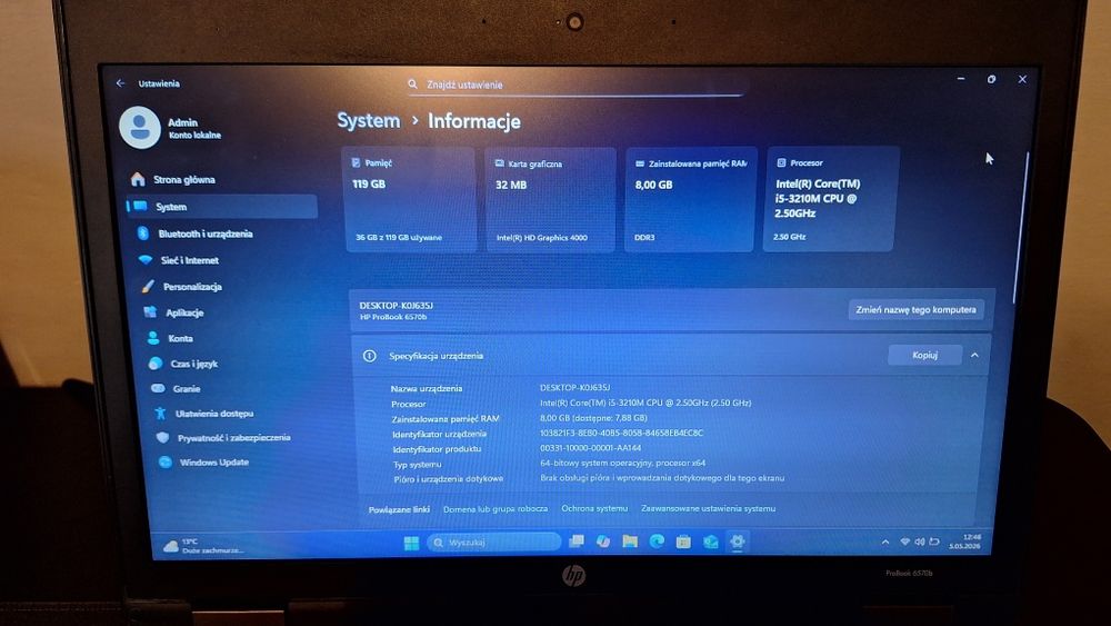 HP Probook 6570b 15,6"HD i5 3210m/8GB/128GB SSD Win11 Pro/NOWY zasilacz