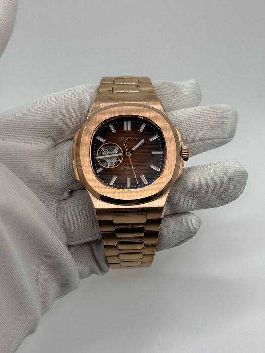 Seiko Mod Zegarek Nautilus Open Heart Rose Gold