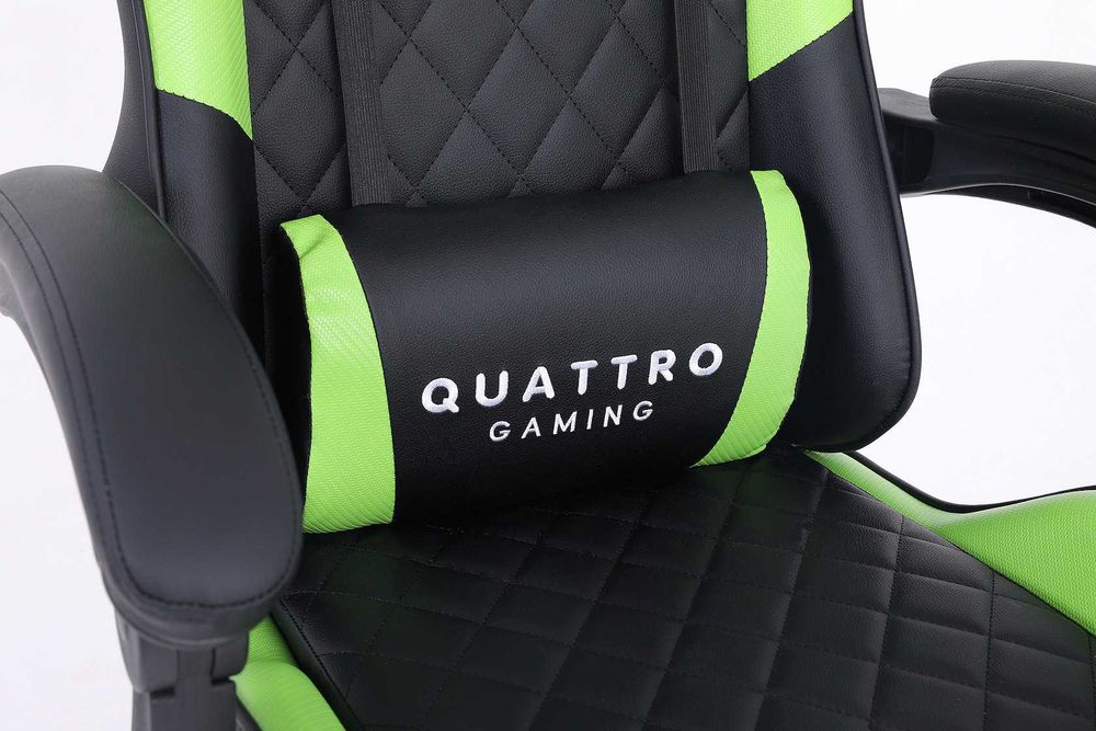 Fotel gamingowy Quattro Carbon – Wyrazista zieleń, wykończenie premium, wysuwany podnóżek i komfort klasy biznes do biura i domu.