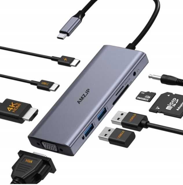 AMZJP Hub USB-C 9w1 – HDMI 4K, VGA, USB-C, PD 100W, audio, SD/TF, USB
