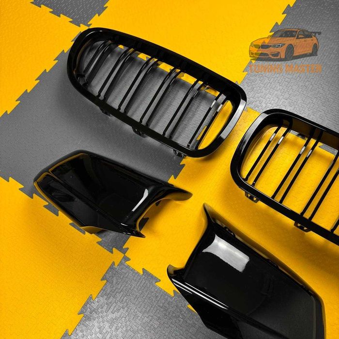 Набор решетка радиатора, накладки на зеркала BMW F10, F11 черный гляне