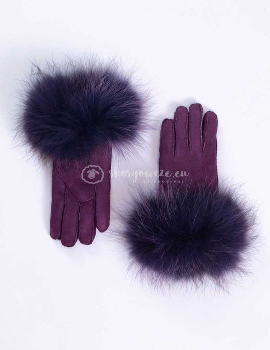 Śliwkowe rękawiczki damskie skórzane z futrzanym obszyciem