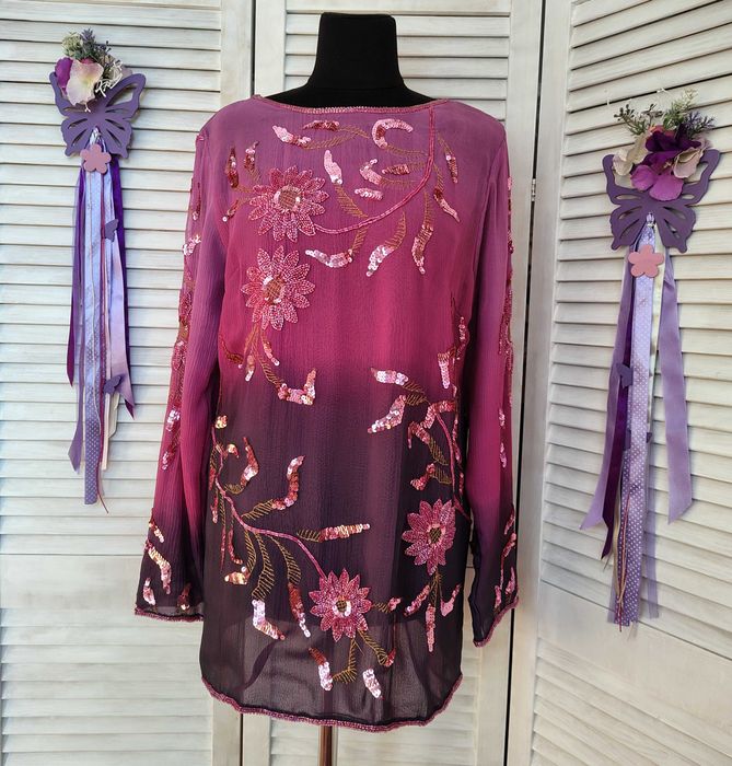 Шелковая блуза градиент с вышивкой пайэтками бисером этно indigo moon