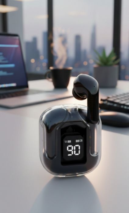 fone sem fio preto design transparente