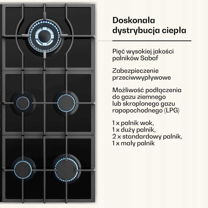 Płyta gazowa do zabudowy klarstein 5 palników 90cm szkło czarna