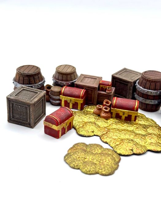 Zestaw skarbów i skrzyń fantasy RPG/DnD – wydruk 3D, ręcznie malowane 28mm