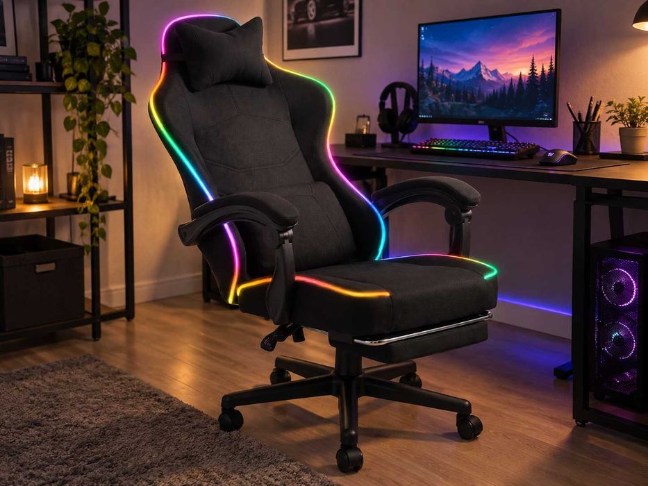Nowy Fotel Gamingowy Kubełkowy Krzesło Biurowe Z Podnóżkiem Masażem LED RGB Regulacją Wysokości Czarny Tkanina