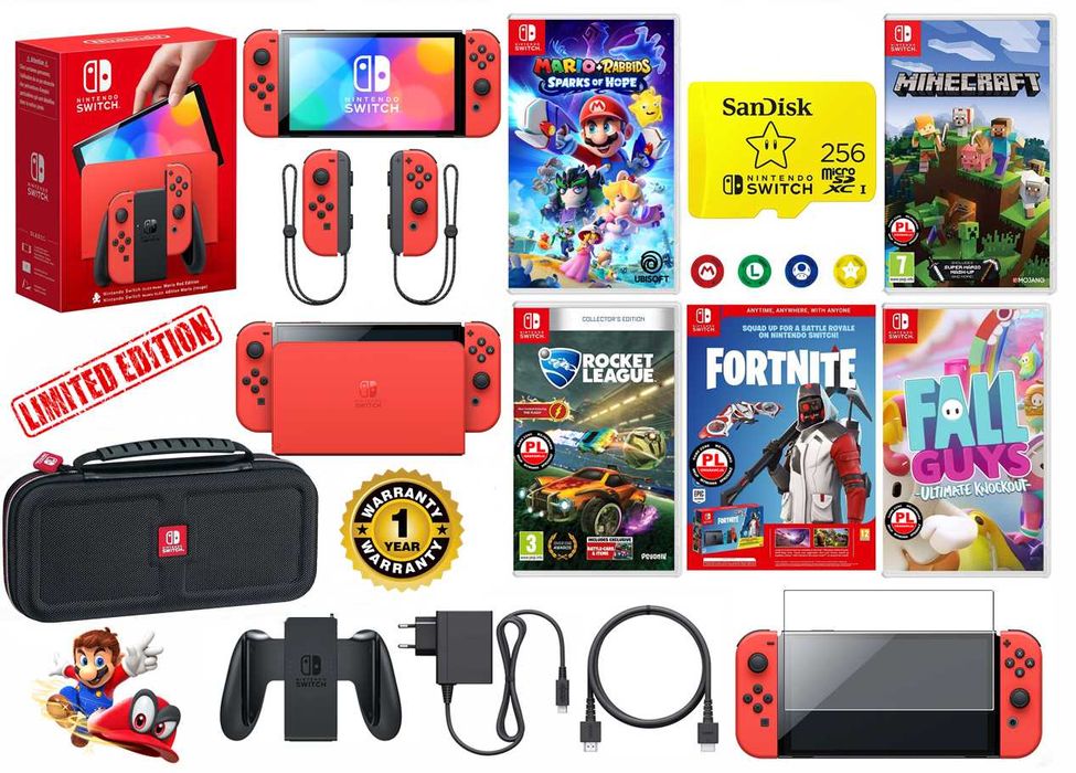 Nintendo SWITCH Oled 64GB RED Mario + 5 gier + 128GB + szkło + etui + ROK Gwarancji
