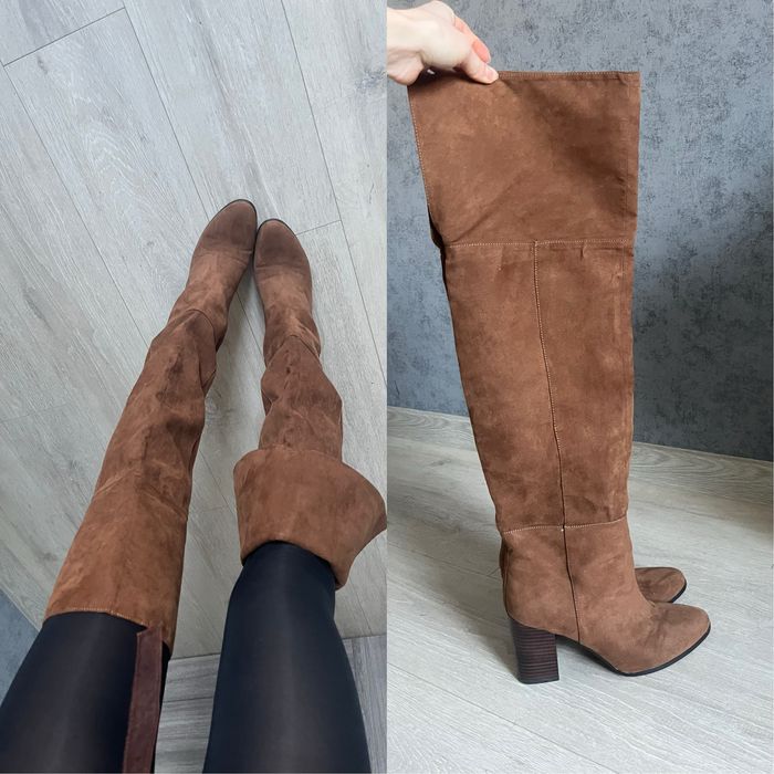 Коричневі чоботи сапоги ботфорти H&M високі труби на підборах каблук