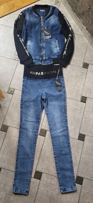 Włoski komplet Esperanto jeans katana bluza spodnie wysoki stan  S