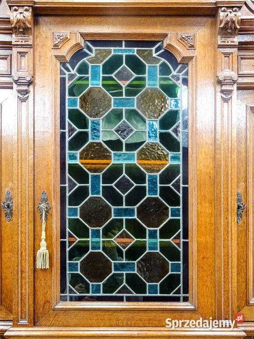 Antyk Wysoki KREDENS drewniany zdobiony KREDENS DĘBOWY Witraż lata 20.