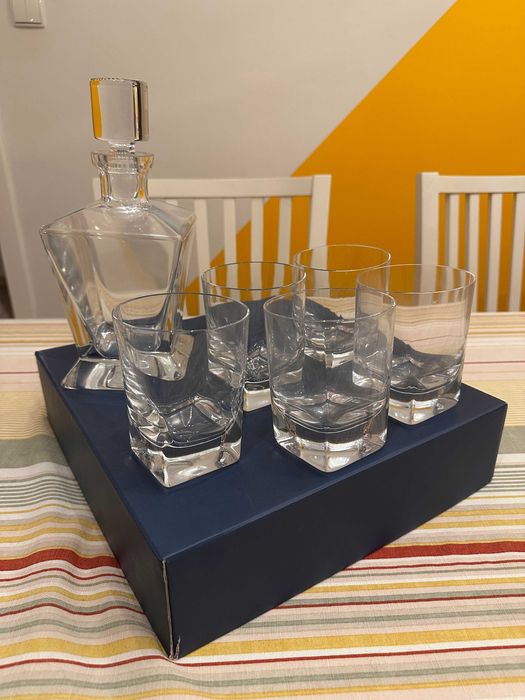 Krosno handmade szkło zestaw do whisky karafka + 5 szklanek
