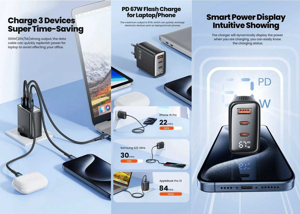 Зарядний пристрій TOOCKI 67W GaN Quick Charger LED 2C+A (TCT67-22EU)