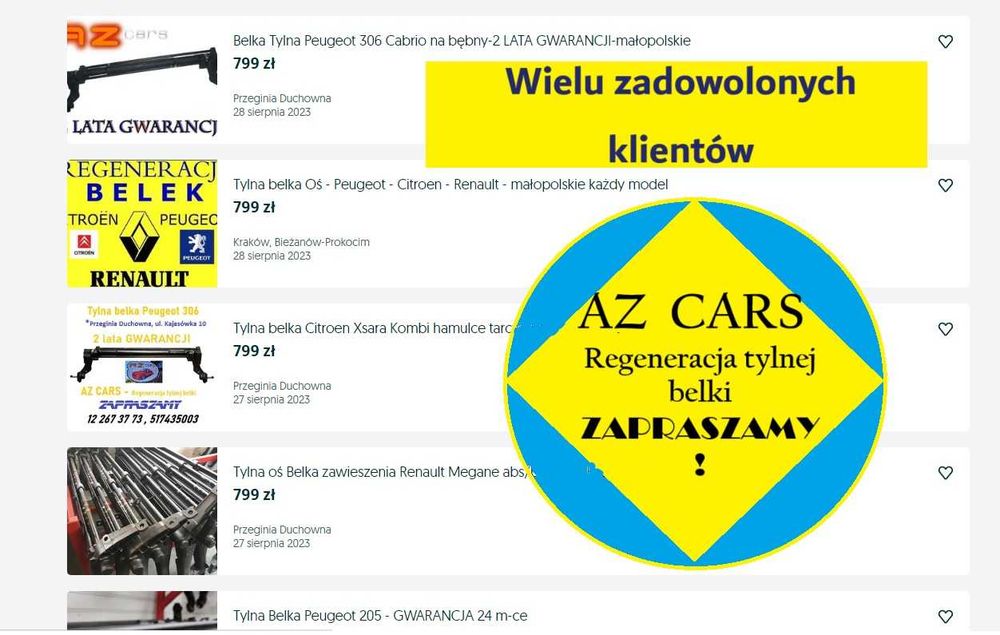Tylna belka OŚ - Peugeot, Citroen, Renault - KAŻDY MODEL - 24 m-cy GW.